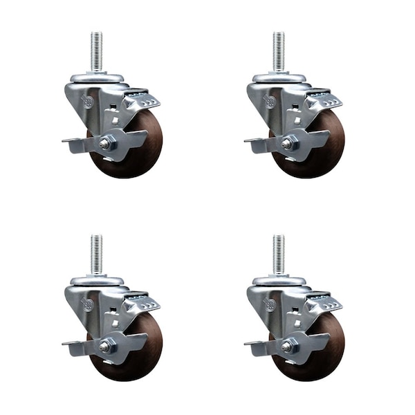Service Caster 3 Inch High Temp Glass Filled Nylon 34 Inch Threaded Stem Caster Set with Brake SCC-TS20S314-GFNSHT-TLB-34212-4 - main